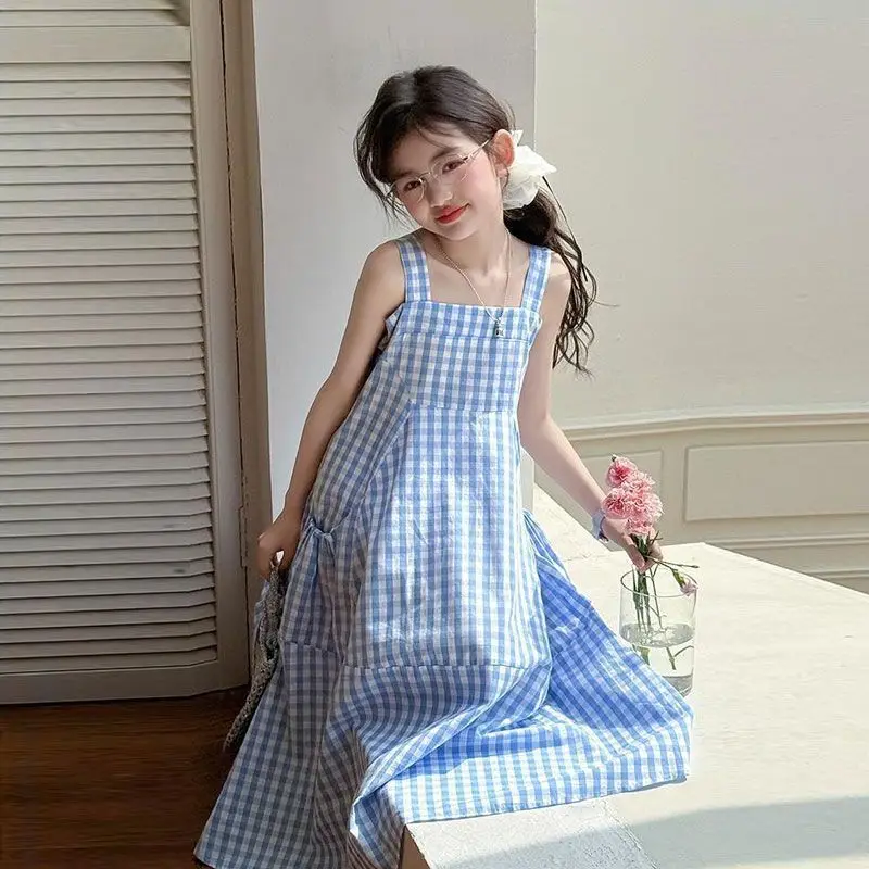 

Girls' Dress Summer New Korean Children's Plaid Vest Long Beach Skirt Fashion and Beautiful Kids Dress
