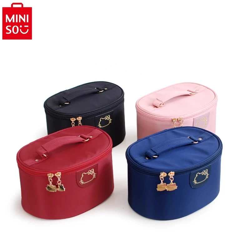 MINISO-Bolsa de maquiagem cilindro Hello Kitty, monocromática, tecido impermeável, produtos para a pele, grande capacidade, caixa classificadora, simples