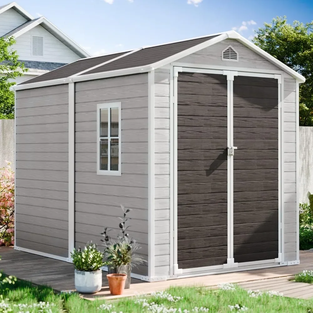 8x6 FT Outdoor Storage Shed Poolside Lawn Dove Grey Patio Plastic Tool Shed for Backyard All Weather Use Sheds Waterproof Garden