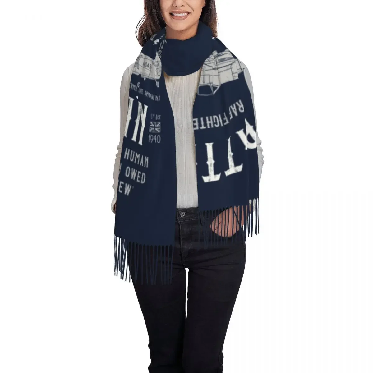 Female Large Battle Of Britain Scarves Winter Fall Tassel Shawl Wraps Supermarine Spitfire Fighter Pilot Aircraft Airplane Scarf