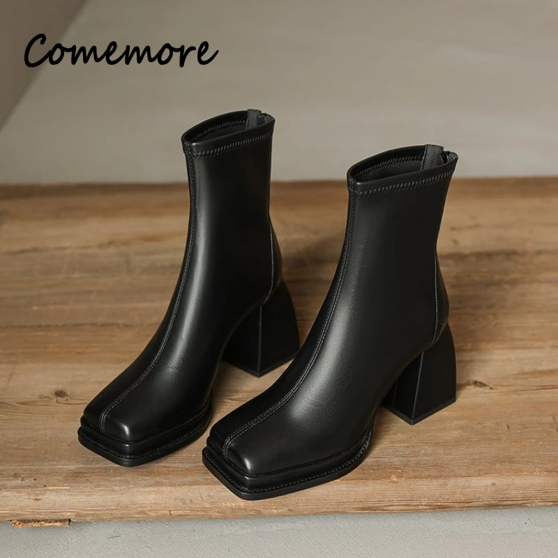 Comemore Women Fashion High Quality Leather Zippesr Shoes Ladies Elegant Short Botas chic demi-season Sexy High Heel Ankle Boots