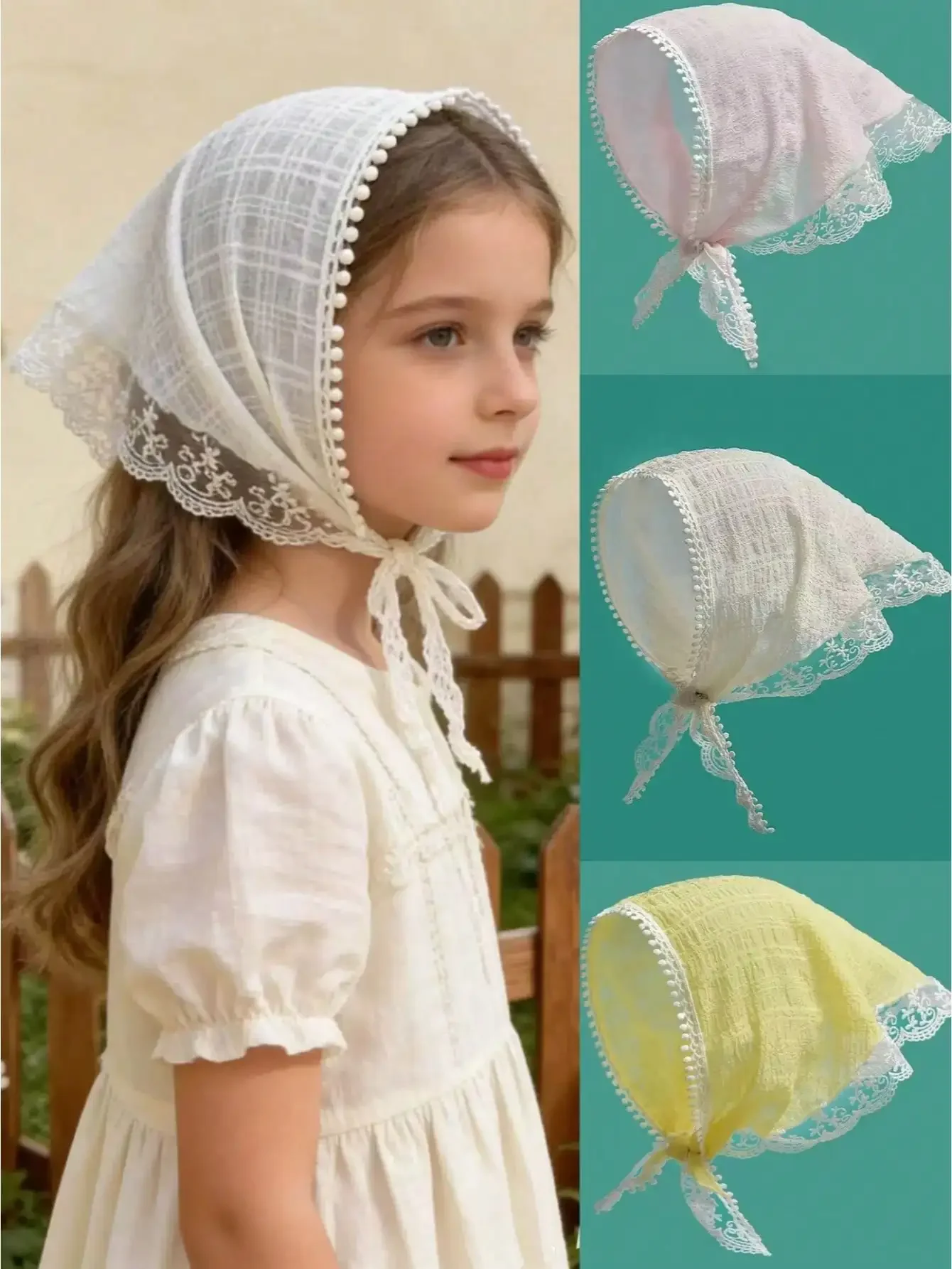 

1pc Girls' Countryside Vacation Style Lace Trim Fabric Bandana Headband, Spring/Summer