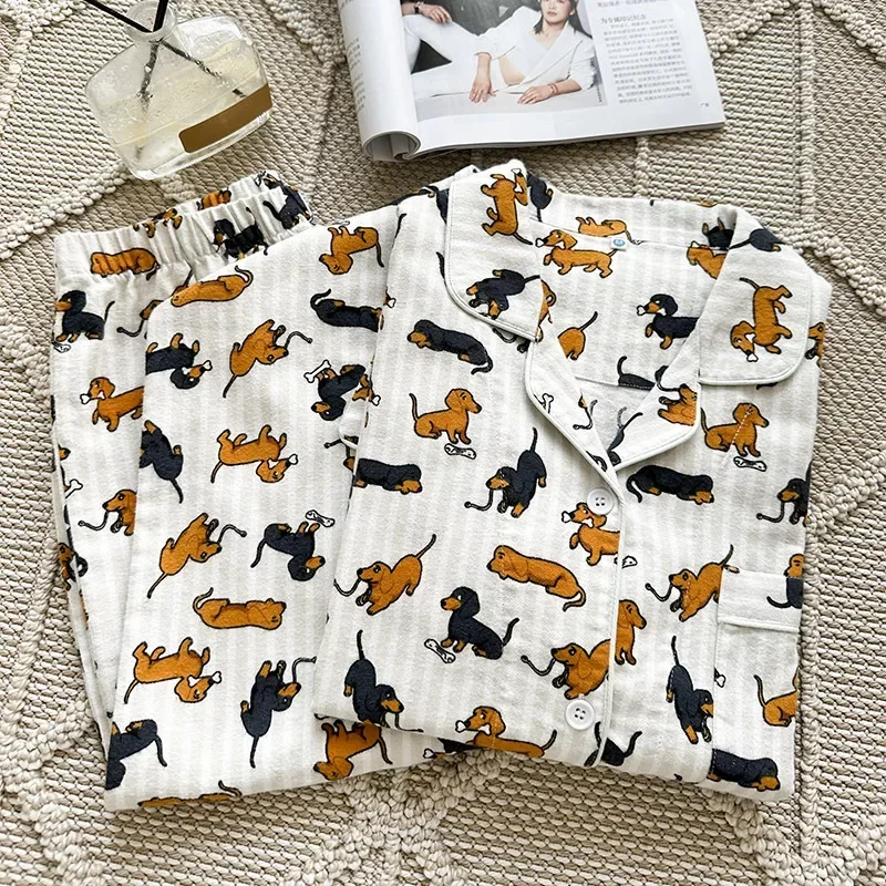 2024 New Dachshund Dog Print Loungewear Spring Autumn Cotton Suede Fabric Cute Men's Women's Pajamas Comfort Sleepwear Home Suit