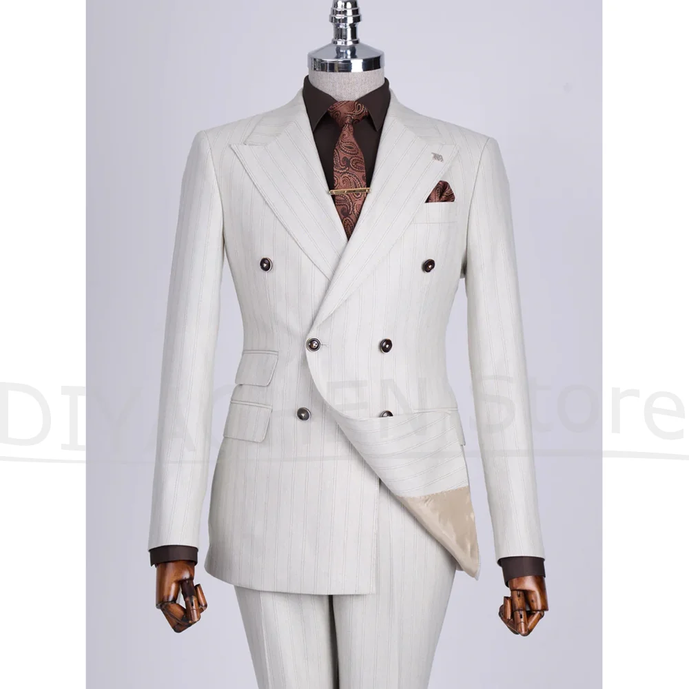 Two-line Striped Men Suits Fashion Peak Lapel Double Breasted Clothes 2 Piece Sets Daily Office Business Casual Male Suit