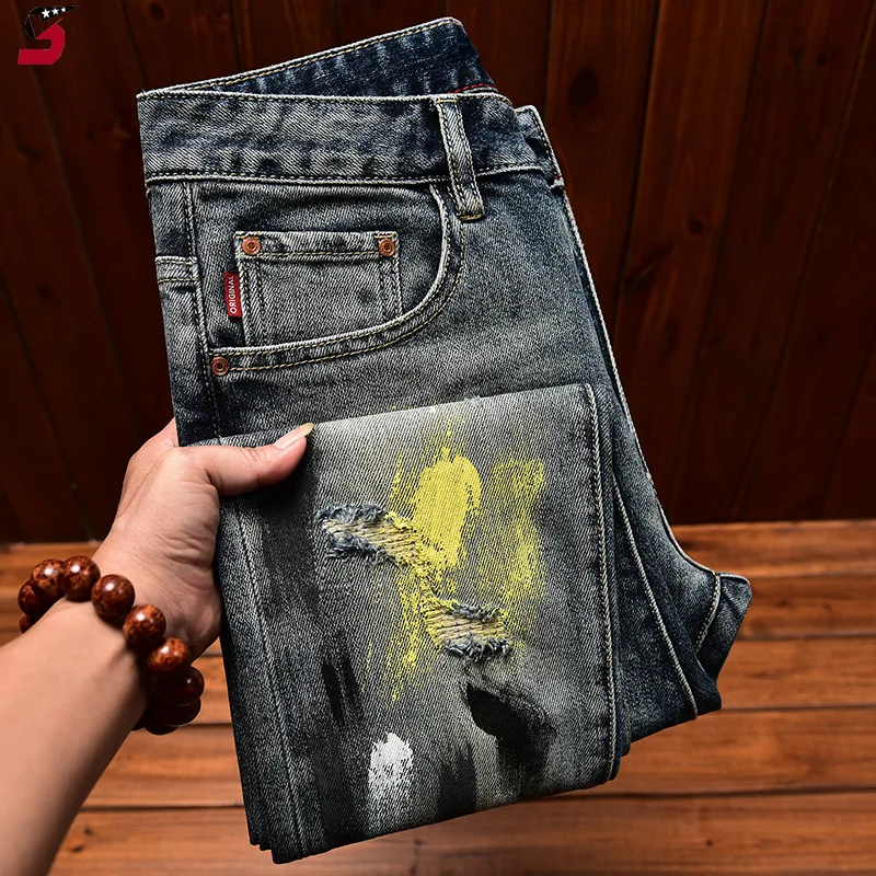 

High-End Retro Tattered Jeans Jeans Men's Autumn and Winter Paint Printing Stretch Slim-Fitting Ankle-Tied Denim Long Pants