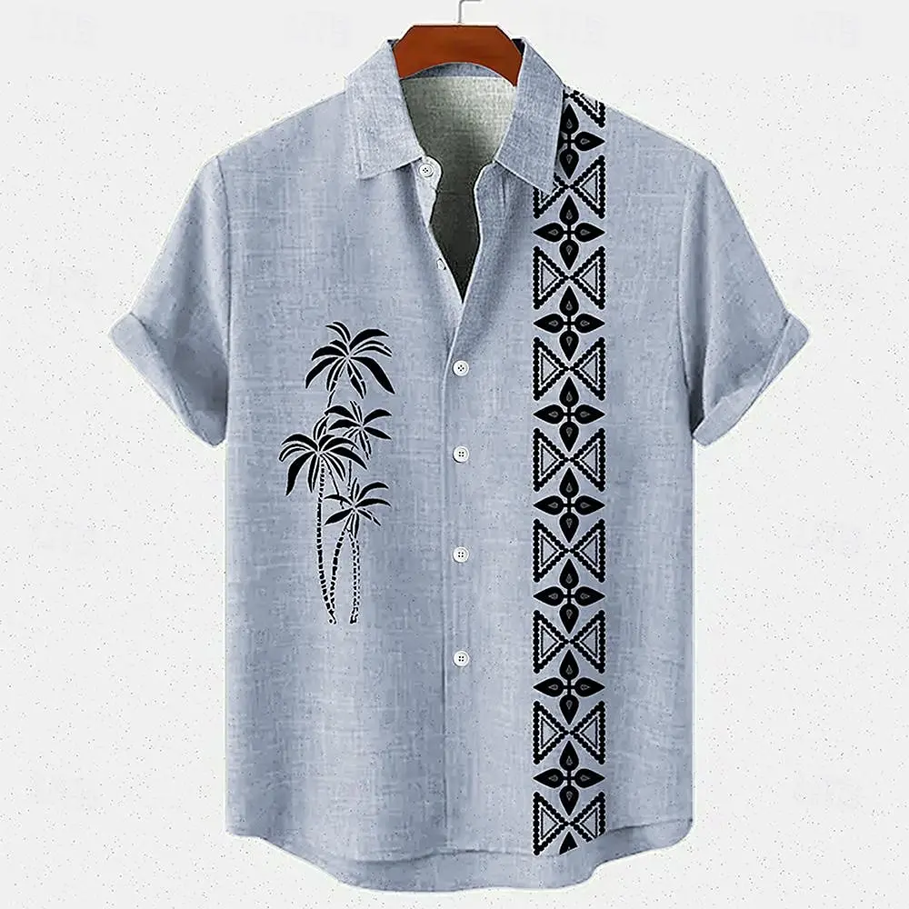 

2024 Summer Men's New Coconut Tree Pattern Printed Short Sleeve Shirt Made of Linen Comfortable Fabric Suitable for Vacation