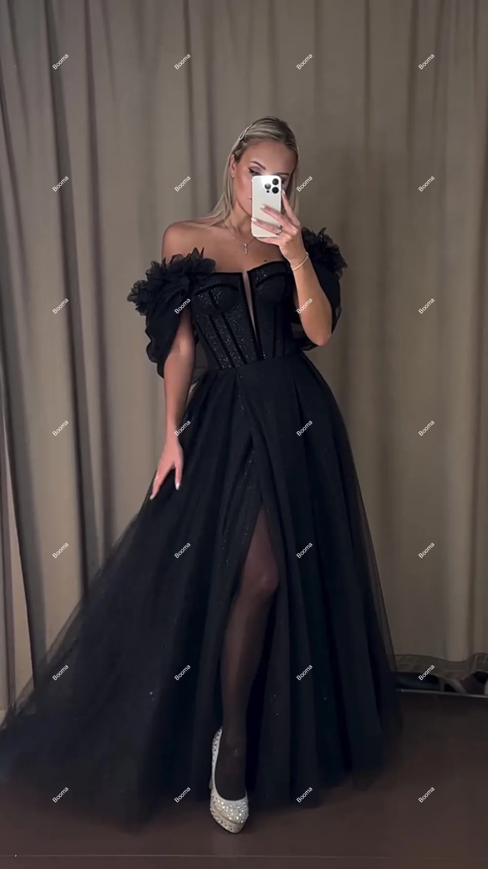 Booma Shiny A-Line Black Prom Dresses Off Shoulder Flowers Special Occasion Dress for Events High Side Slit Long Evening Dress