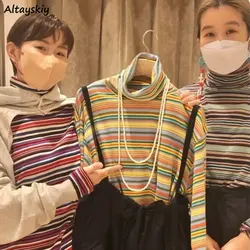 Long Sleeve T-shirts Women New Winter Thicken Warm Plus-velvet Retro Loose S-3XL Designed Rainbow All-match Female Tops Popular