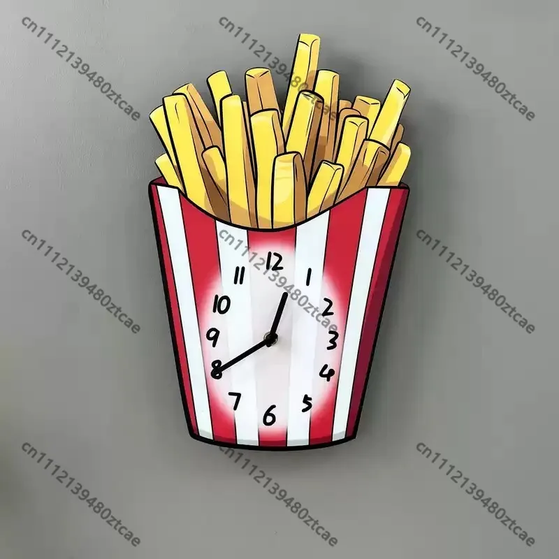 Cartoon Fast Food Wall Clock French Fries Pizza Silent No‑Drill Hanging Home Shop Decor