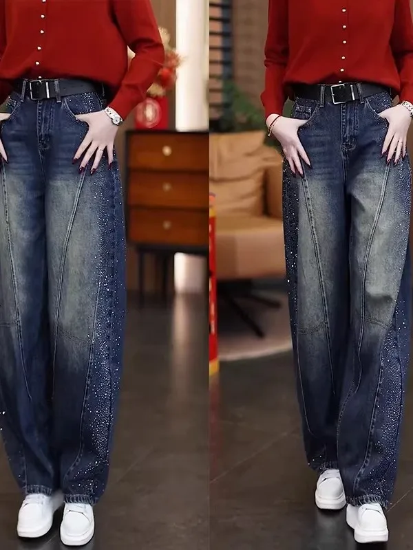 

plus Size High Waist Knife Denim Jeans Women's Spring 2026 Glitter Loose Fit Straight Leg Trousers Fashion Ladies
