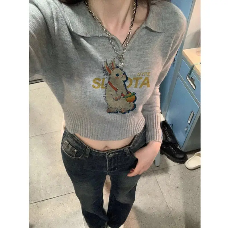 レトロアメリカンホワイトラビットセーター女性ジャンパールーズ春秋小さなデザインセンス怠惰なトレンディなアウターウェアセーターMujer