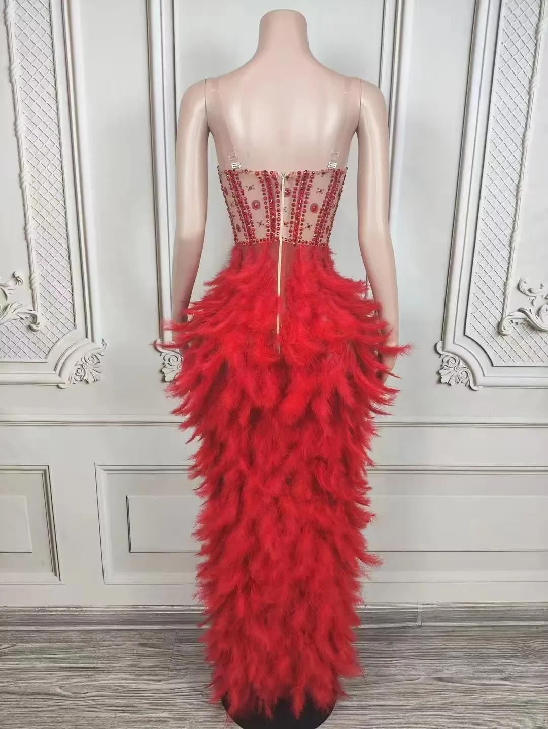 Damska Czerwona Długa Sukienka Syrenka Perły Cyrkonie Urodziny Moda Bal Wieczorowy Suknia na Imprezę Piosenkarka Gospodarz Modelka Kostium