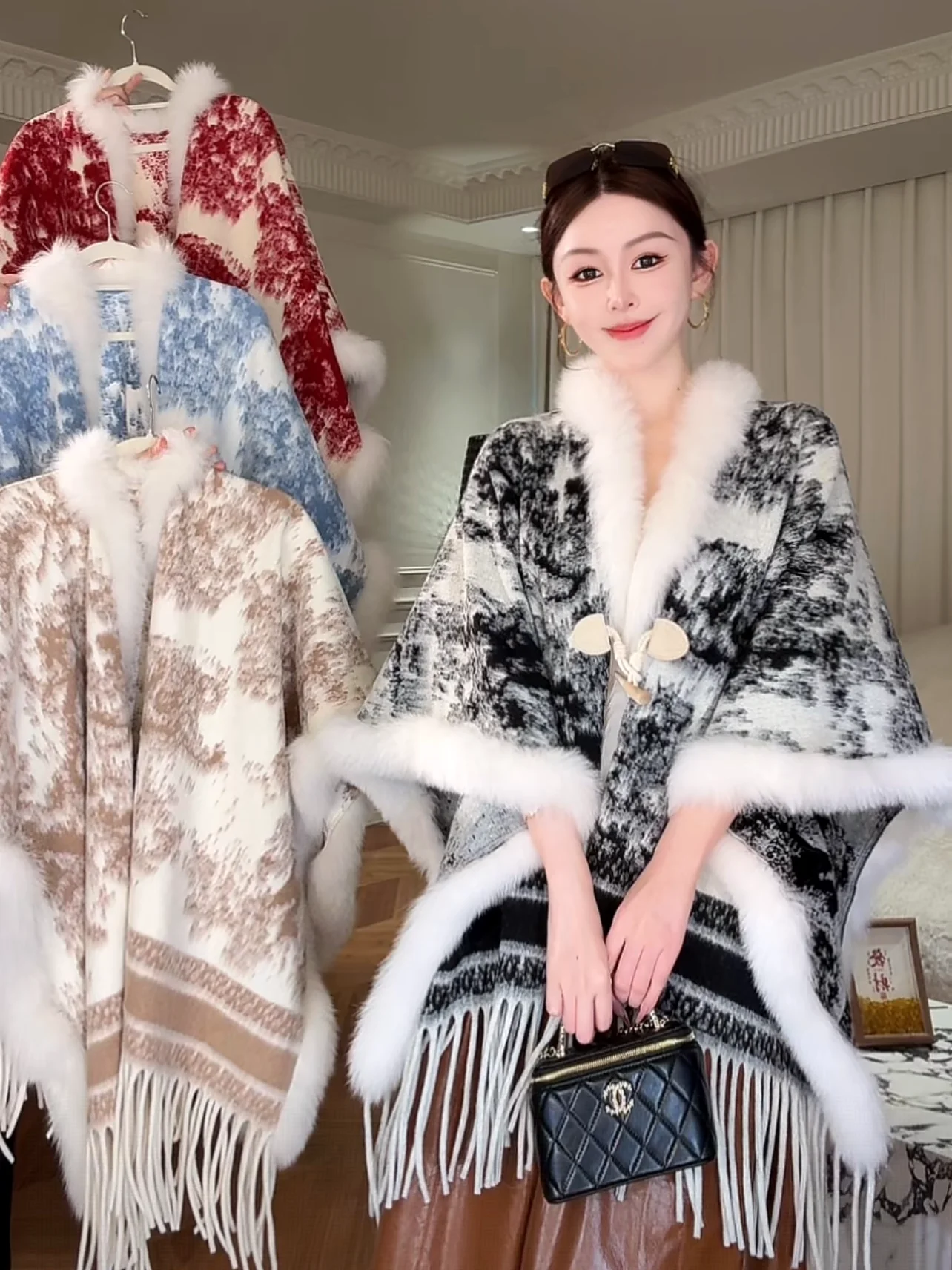 

Женская модная верхняя одежда с меховым воротником, объемным воротником-хомутом, повседневная, шикарная, с бахромой, из смесового полиэстера