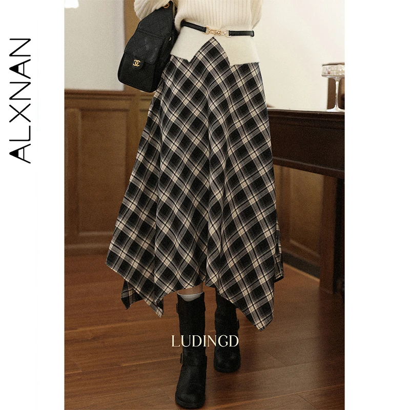 ALXNAN Black Plaid Irregular Skirt Women Elegant Long A-line Checkered Midi Skirts 2025 Fall Winter Female Clothing L57278-1