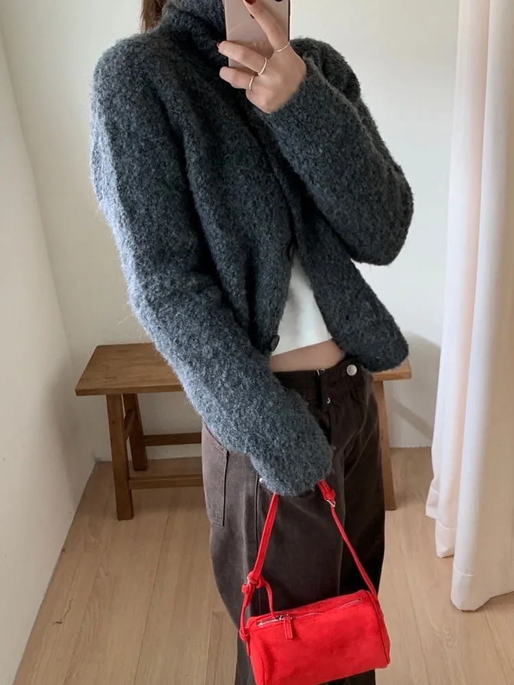 Chic Thi chaud col haut pull manteau femmes Premium ample ouvert Cardigan haut coréen Sle Long Sve fille Faion