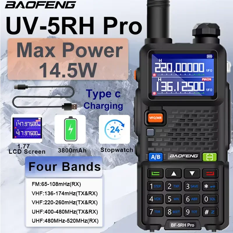 Baofeng-walkie-talkie UV-5RH Pro, batería de 3800mAh, de 14W USB-C, radio bidireccional FM de cuatro bandas, frecuencia de copia de 999CH, actualización de UV-5R