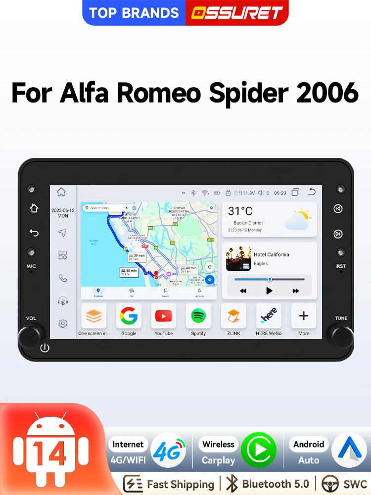 OSSURET Schneller Versand 7 Zoll Android 15 Autoradio für Alfa Romeo Spider/159/Brera/Sportwagon Autoradio Multimedia-Videoplayer DSP RDS Audio Bluetooth Smart Head Unit Touchscreen 4G Wireless