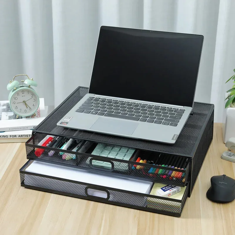 

Metal Computer Stand Multi-Functional Heat Dissipation Heightening Rack Office Desktop Double Layer Drawer Style Storage Rack