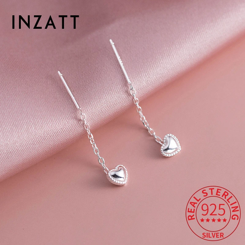 INZATT Genuine 925 Sterling Silver Heart Short Chain Tassel Stud Earrings for Women Cute Fine Jewelry Light Luxury Accessories