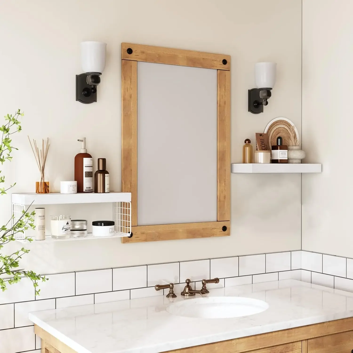 Белые полки для ванной комнаты над унитазом - Настенные плавающие полки Полка для фермерского дома Хранение туалетной бумаги Маленький 16-дюймовый набор из 2 шт.