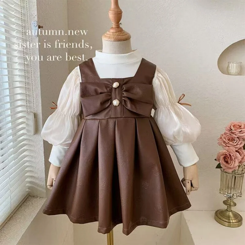 Children's Clothing Sets Puffy Sleeve T-shirt + Bow Leather Skirt 2pcs Sets Toddler Clothes Girls Dresses Kids Boutique Clothes