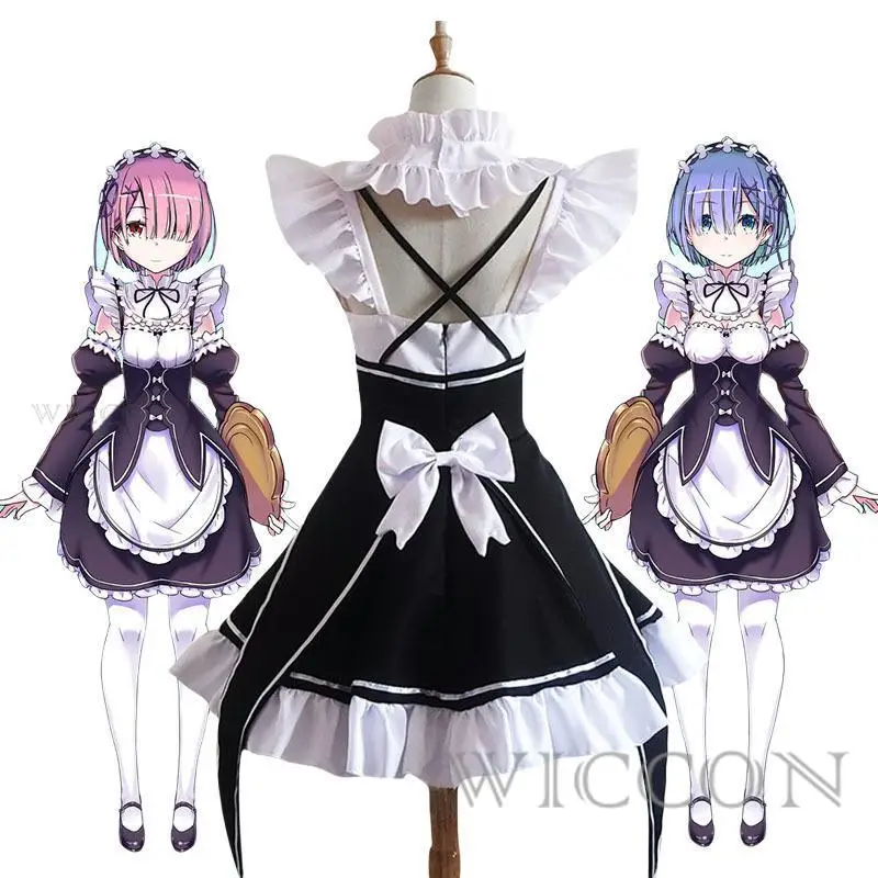 Anime Ram Rem Lolita Maid Cosplay Costumes pour femmes, Re:zero Kara Hajimeru Isekai Seikpetrol, Halloween Robe Loli