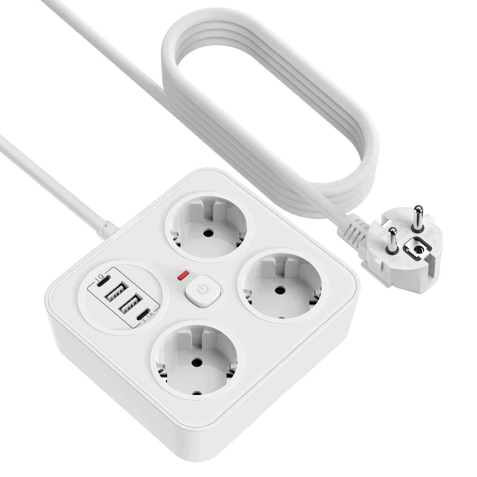 European plug extension cord power strip with 3AC+2USB-A+2USB-C with switch multi-contact socket 13A 250V 3250W surge protector