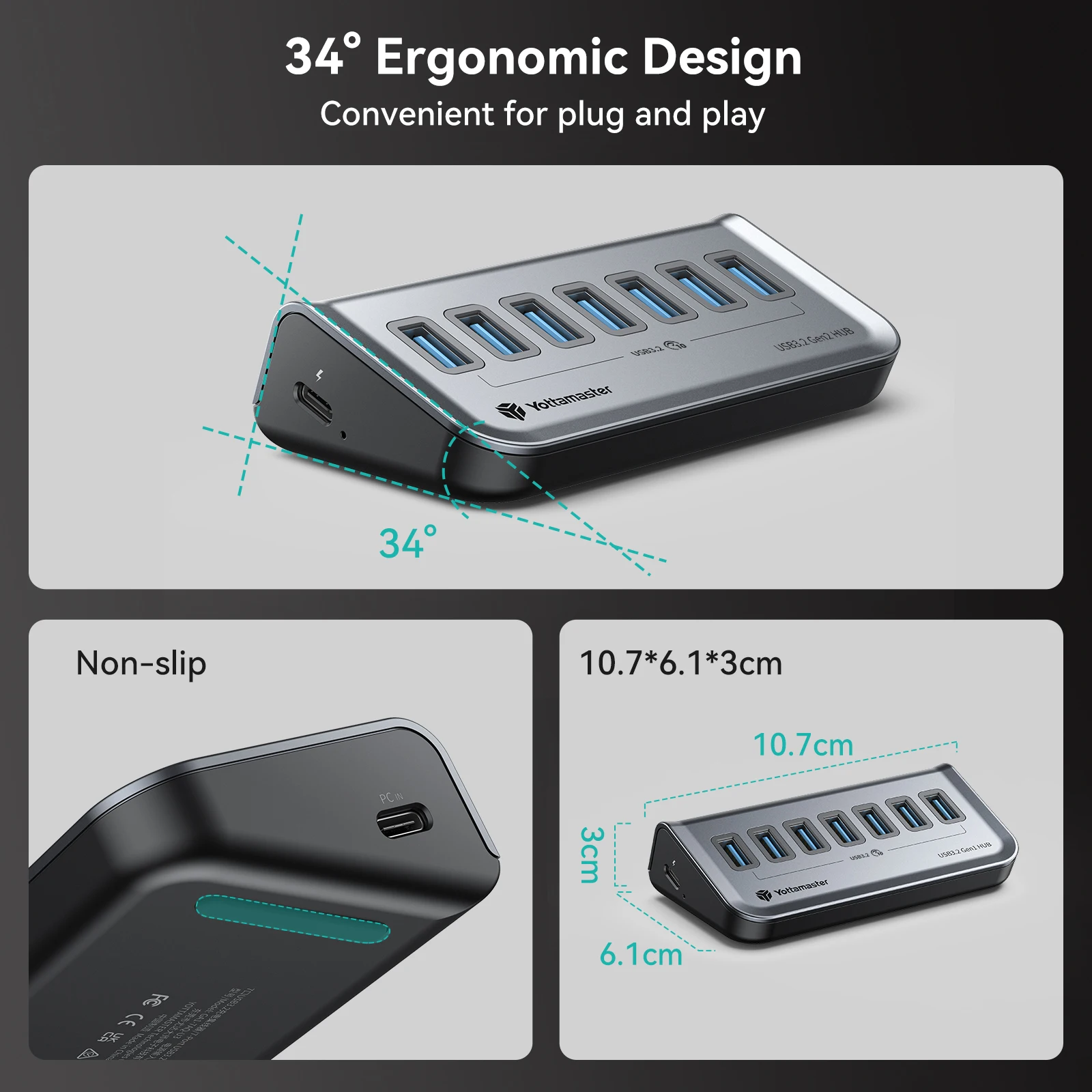 Imagem -04 - Yottamaster Usb-c 3.2 Hub Portas Usb Hub Alimentado 5v 3a Usb 3.2 Gen2 10gbps Hub de Dados para Laptops Superfície Pro Discos Rígidos Portáteis