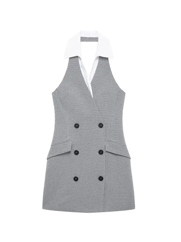 

GELITAYIN модное двубортное клетчатое мини-платье с лямкой на шее для женщин, женские платья с открытой спиной и карманами спереди, Vestidos Mujer