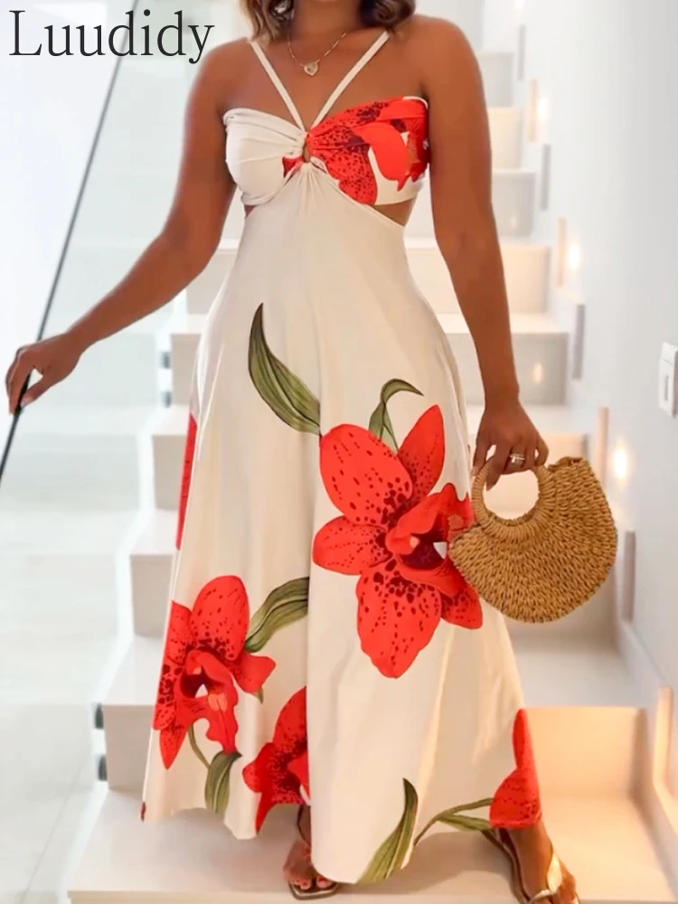 Women's Floral Print Halter Sleeveless Hollow-out Front Cami Dress Casual Cutout Waist Maxi Dress