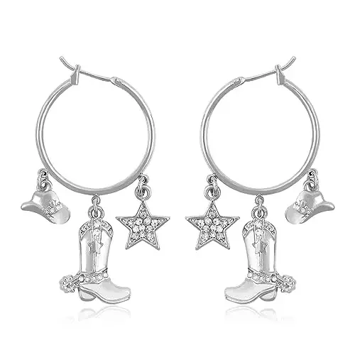 Classic Silver Cowboy Boots Hoop Earrings Diamond Star Drop Earrings Zinc Alloy Pink Hat Hoop Earrings for Women Jewelry Gifts