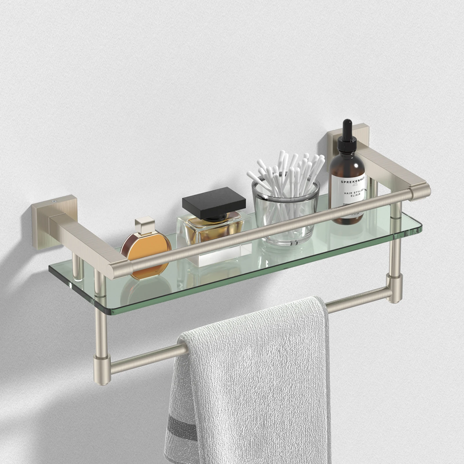 

Полка из матового никеля 16 дюймов для ванной комнаты с вешалкой для полотенец, полка из плавающего стекла с вешалкой для полотенец прямоугольное закаленное стекло