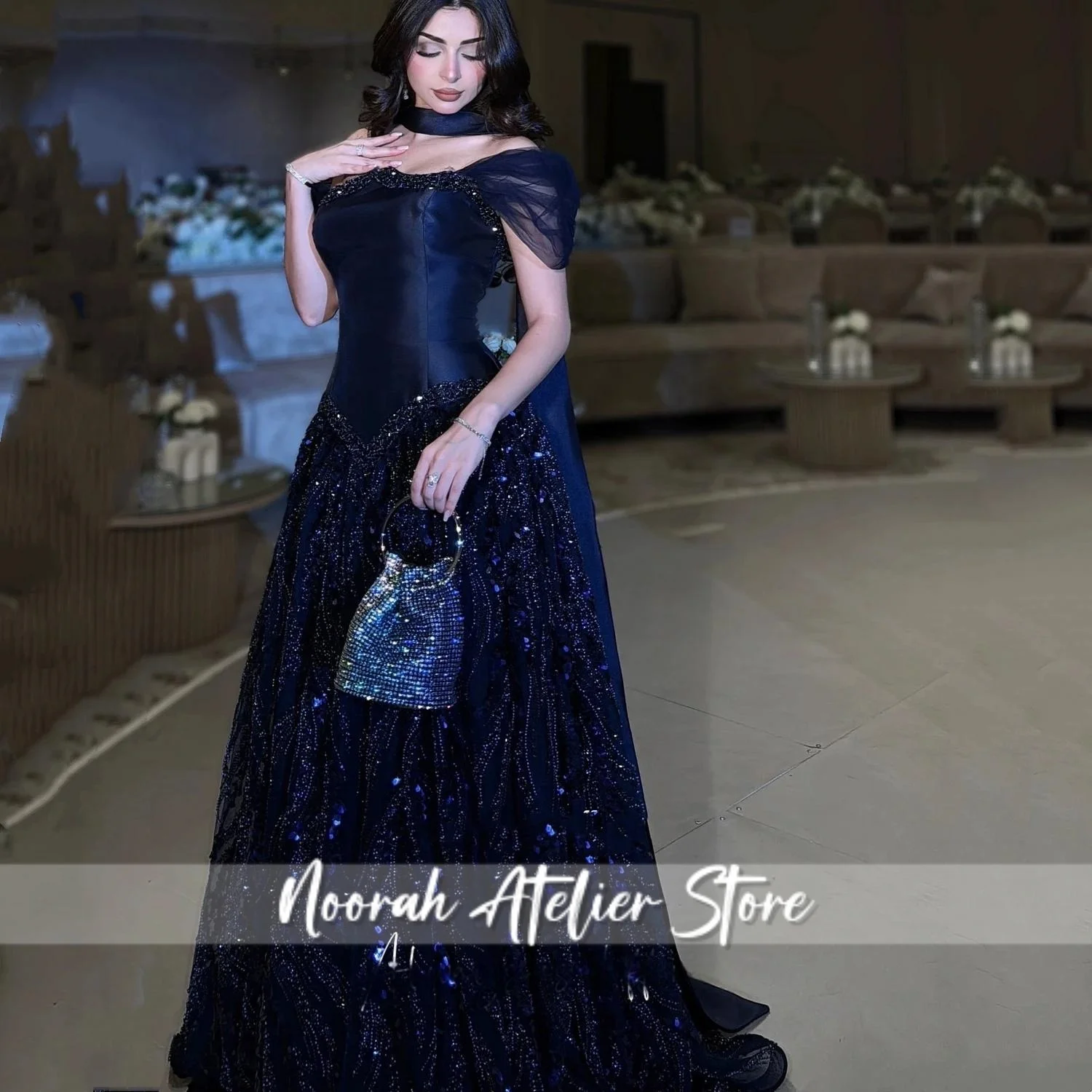 Navy Blue Evening Dresses Short Sleeves Sequin Arabic Dubai Wedding Party Dress Beading Prom Dress Vestidos 2025 Customized