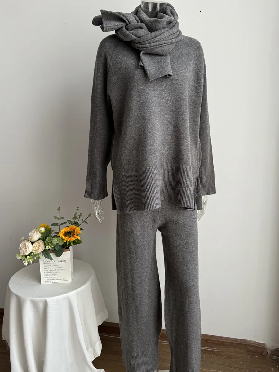 

Осень и зима, новые модные ленивые широкие брюки, комплект из двух предметов, однотонный свободный вязаный свитер + брюки с шарфом