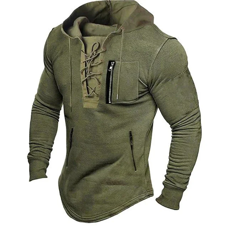 2024 Men Autumn Spring Top Lace Up Drawstring Solid Color Long Sleeve Zipper Pockets Pullover Streetwear Men Mid Length Hoodie