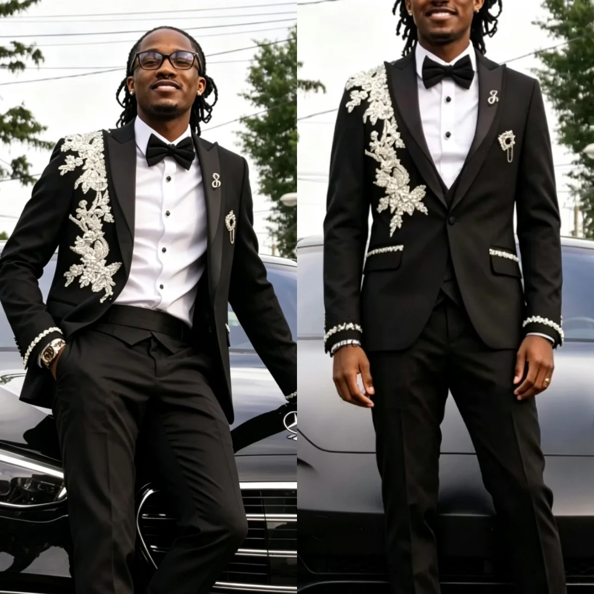Customized Formal Men Suit Beaded Rhinestones Appliques Peaked Lapel Groom Wedding Wear Customized 2 Piece Evening Party Set