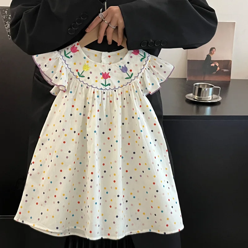 Girls Summer New Short Sleeved Dress Flower Embroidered Colorful Dotted Doll Neck Princess Dress 0-3 Years Old