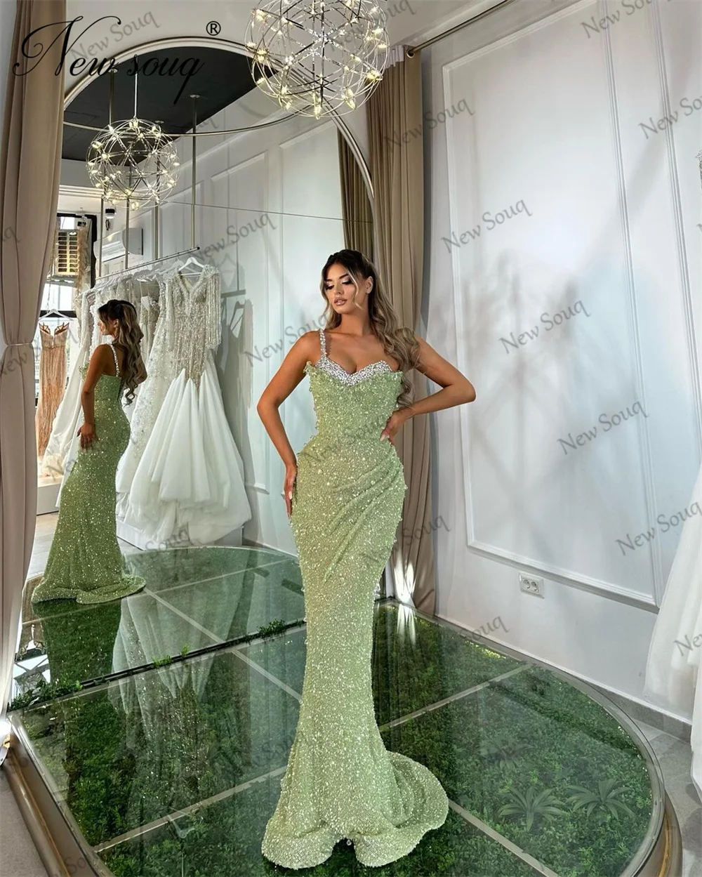 Vestido de noche de sirena verde menta árabe elegante, lentejuelas, tirantes finos, vestido Formal de celebridades, vestidos largos de fiesta 2023