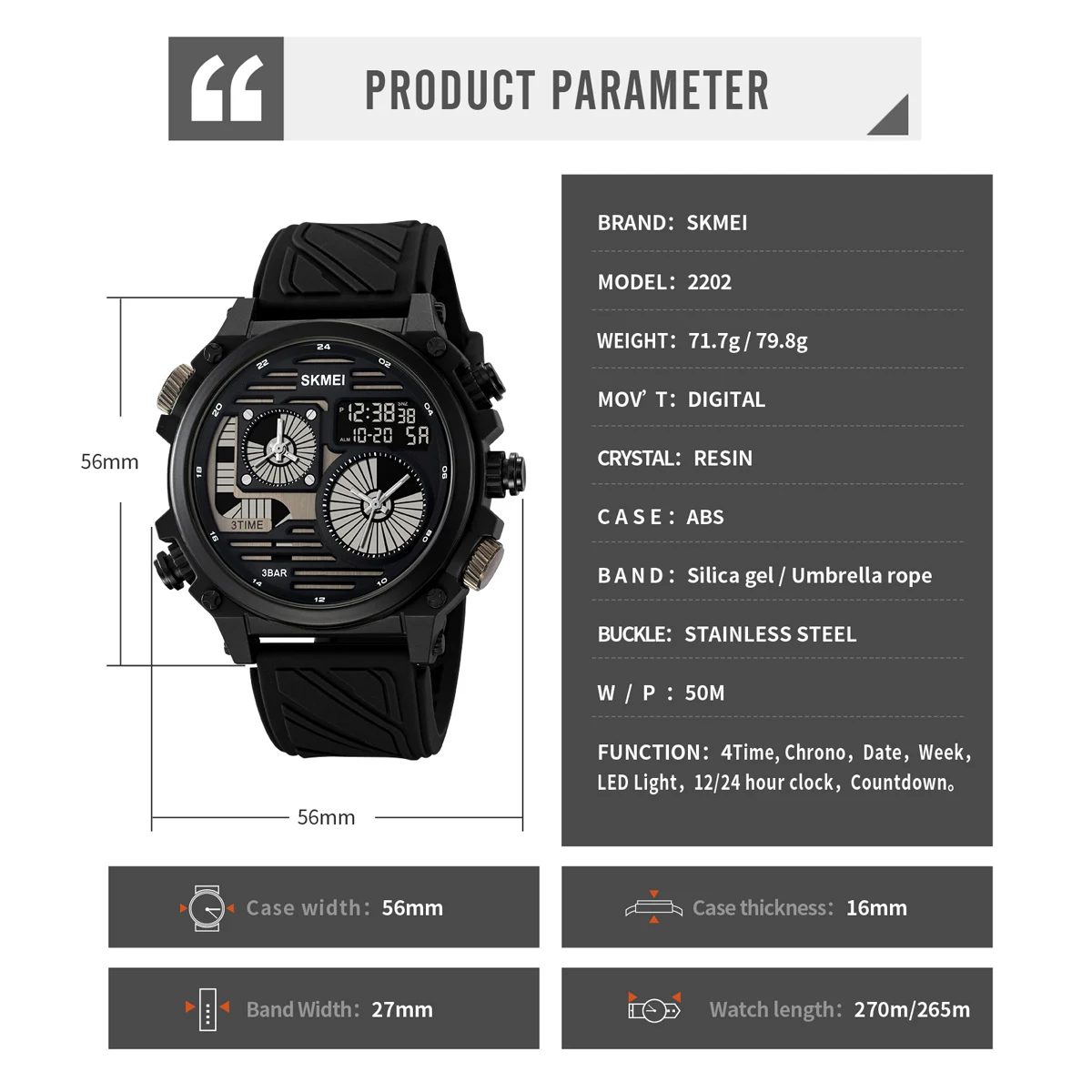 SKMEI Fashion Stopwatch Waterproof Wristwatches For Men Creative Youth Cool 4 Time Display Countdown Digital Sport Watch Male