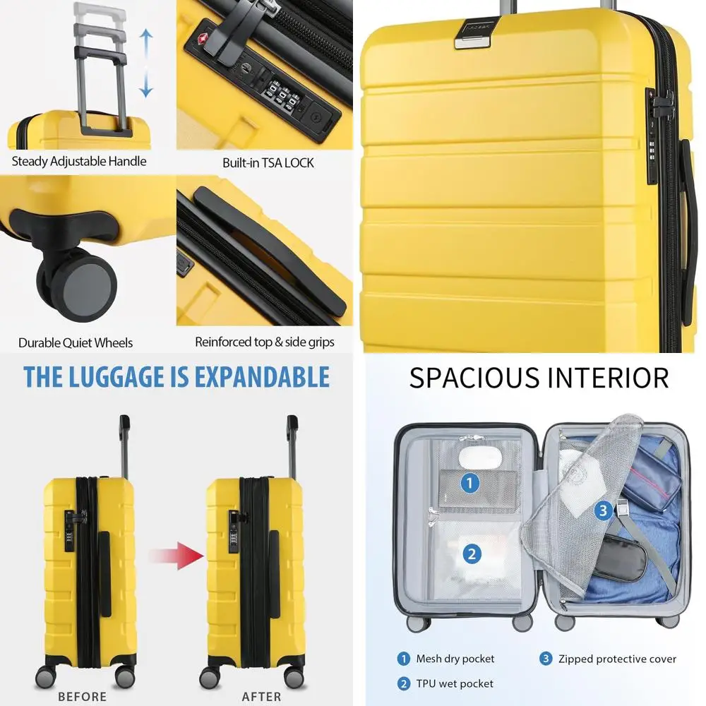 Expandable 20-Inch Yellow Hardshell Luggage with Spinner Wheels, Built-in TSA Lock, and USB Port