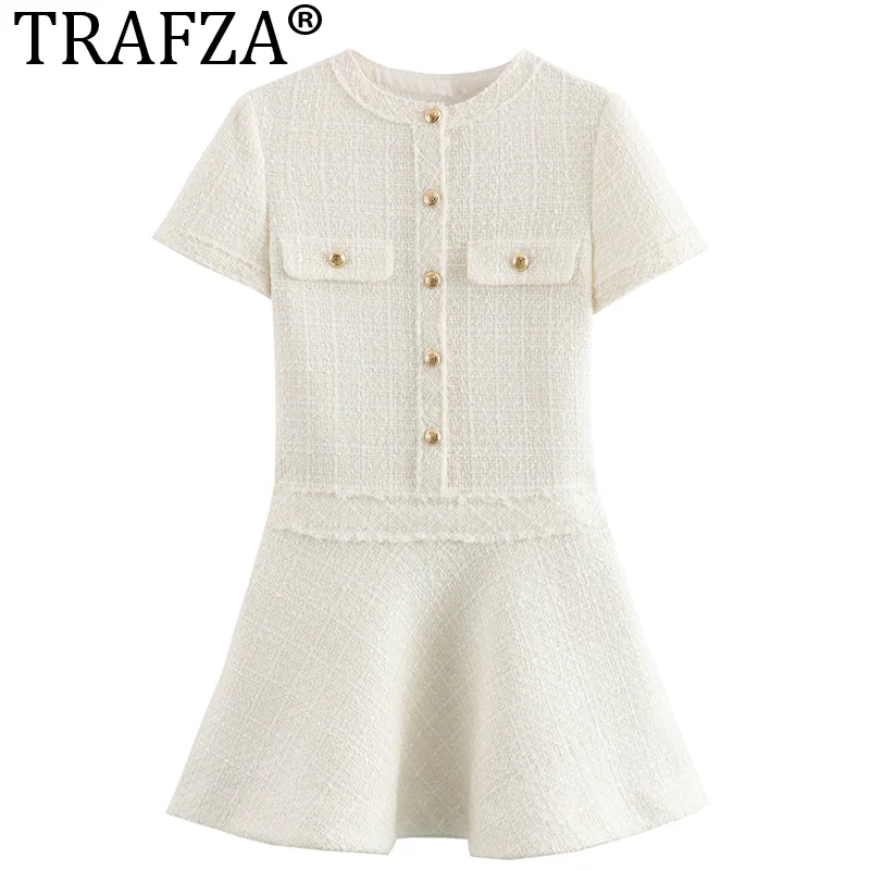 TRAFZA Elegant Ladies Style Spring Beige Texture Mini Dresses Girls Fashion Gold Buttons Short Sleeve Streetwear Style Dress