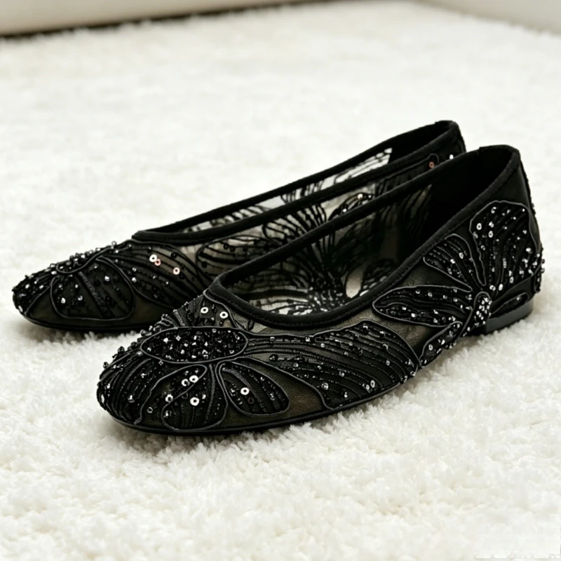 Luxury Designer Ballet Flats for Women Fashion String Bead Sequin Detail Breathable Mary Jane Shoes Comfortable Summer Loafers