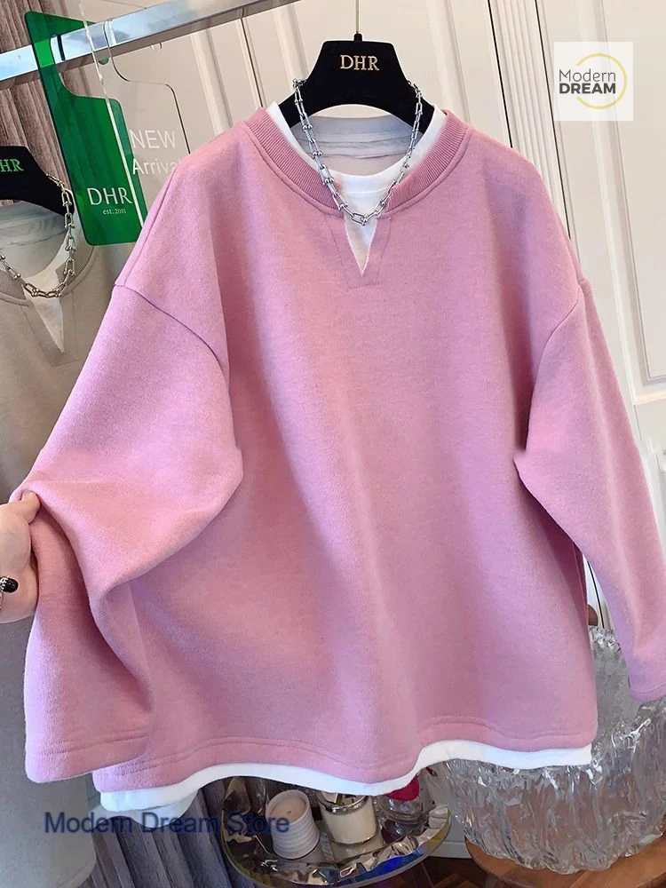 French style solid color fashion fake two-piece round neck sweater women's autumn and winter new bottoming shirt loose blouse