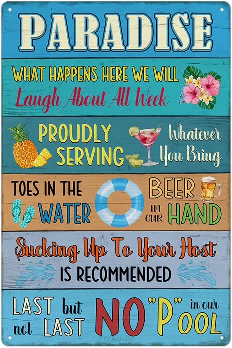 Pool Paradise Tin Sign Swimming Pool Rules Durable Metal Signs Vintage Hanging Plaque Decorative for Beach Home Bar Pool Deck Ba