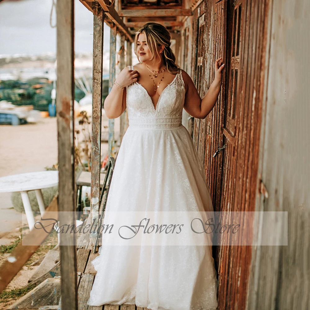 Boho Wedding Dresses Plus Size Women 2023 Sexy V-Neck Sleeveless Applique Bride Gown Tulle A-Line Sweep Train فستان حفلات الزفاف