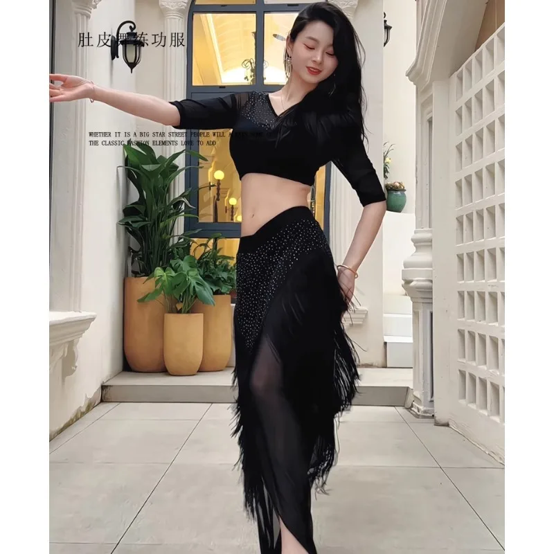 여성 초보자를위한 밸리 댄스 의상의 맞춤형 새 세트 고탄성 메쉬 블랙 술 스커트 연습 클래스 유니폼