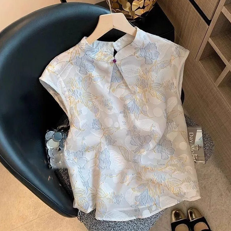 Retro New Stunning Top Summer Chinese Style High-end Frog Button Jacquard Sleeveless Satin Shirt