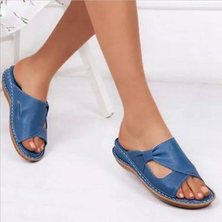 Women Arch Support Leather Sandals Slippers Summer PU Slope Heel Thick Sole Breathable Casual Slippers Sandals