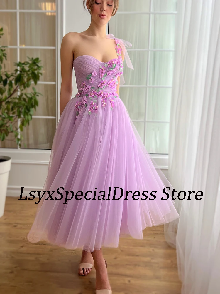 LSYX One Shoulder Sleeve Tulle Evening Dresses A Line Flowers Sweetheart Open Back Prom Gown Ankle-LengthVestidos De Noche 2024