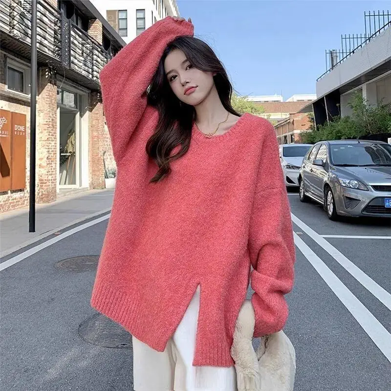 

Loose Women's Sweaters Winter Lazy Slit Pullover Versatile Soft Sticky Thicken Tops Keep Warm Innerwear Jumper Girl Knitwear